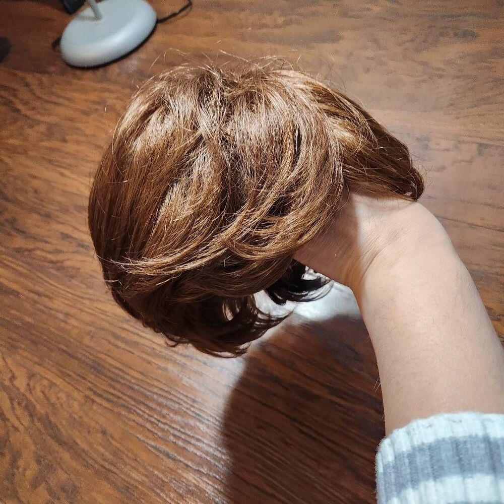 Short shag style wig with curtain bangs